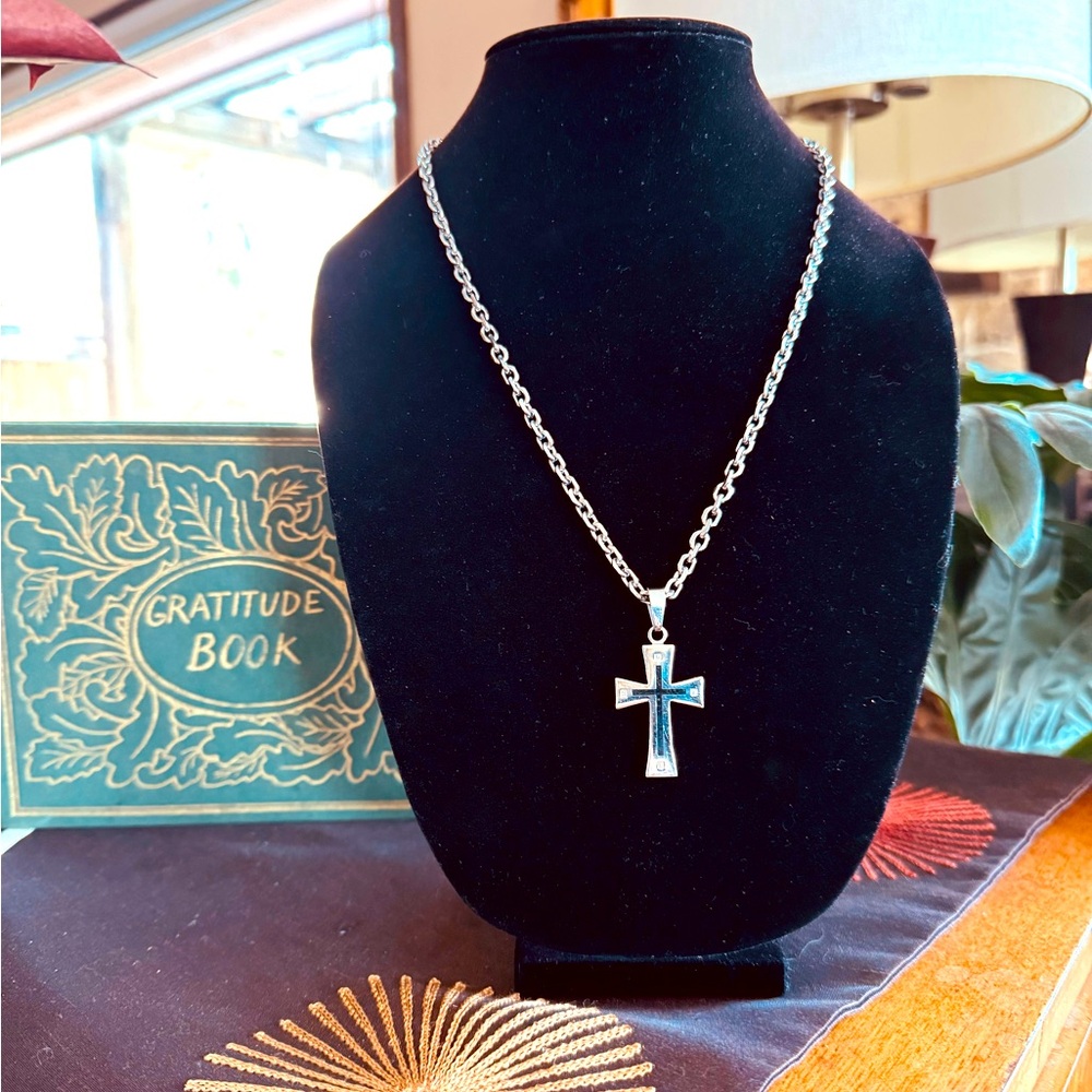 SHR & Simmons stainless steel cross necklace with small diamonds in each corner